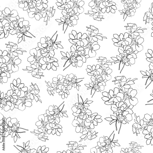 hand drawn bouquet of flowers black linear art. seamless pattern on a white background