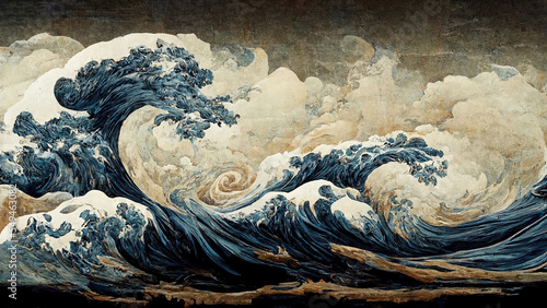 Fotografia Great blue ocean wave as Japanese vintage style illustration