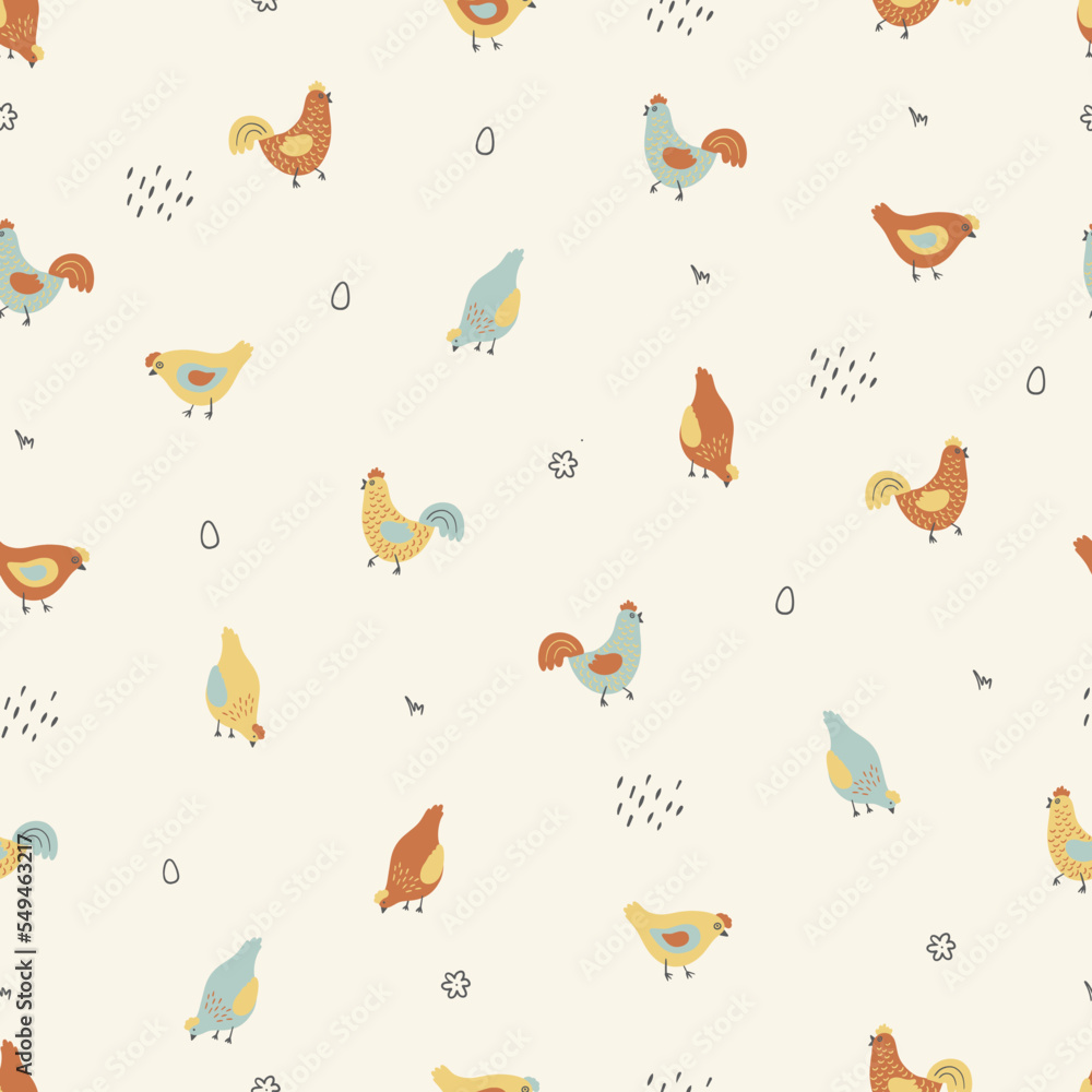 Easter Texture with chicken. Vector background. 