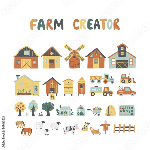Farm creator with farmhouses, tractors, greenhouses, pets, trees and etc.