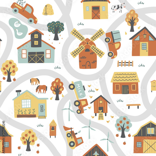Farm seamless pattern with farm houses, tractors, windmills, pets, trees, etc.