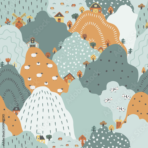Nursery seamless pattern with hills, houses, animals, and trees.