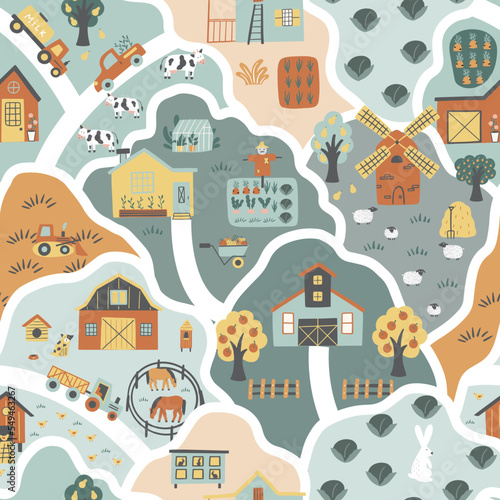 Nursery seamless pattern with hills, farm houses, greenhouses, tractors, animals, and trees.