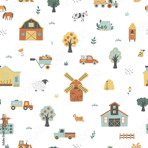 Farm seamless pattern with farm houses, tractors, greenhouses, pets, trees, etc.