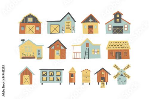 Set of farmhouses, barn, hive, mill isolated on a white background.