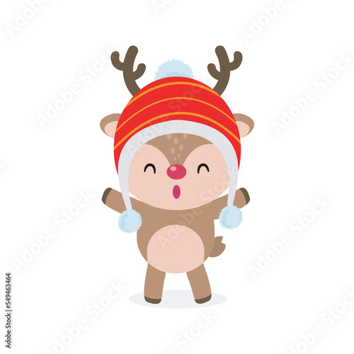 Merry Christmas and Happy new year, reindeer wearing christmas hats cheerful in winter costume, banner template Xmas holiday party concept illustration character HNY vector background