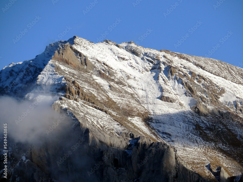 Rocky alpine peak Haldensteiner Calanda (2805 m) in the Calanda mountain massif between the Taminatal and Rheintal river valleys, Vättis - Canton of St. Gallen, Switzerland (Kanton St. Gallen, Schweiz
