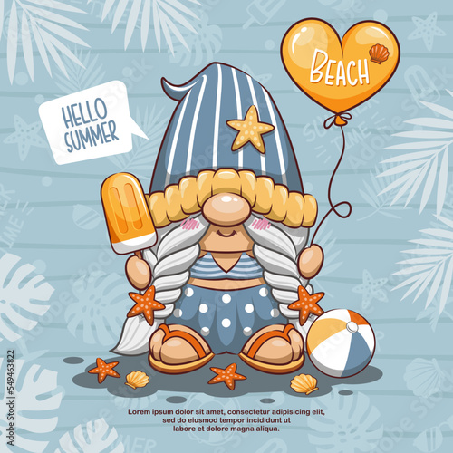 Hello Summer Cute Gnome With Ice Cream, Ball, And Balloon On Blue Background