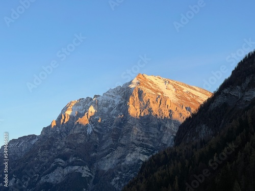Rocky alpine peak Haldensteiner Calanda (2805 m) in the Calanda mountain massif between the Taminatal and Rheintal river valleys, Vättis - Canton of St. Gallen, Switzerland (Kanton St. Gallen, Schweiz