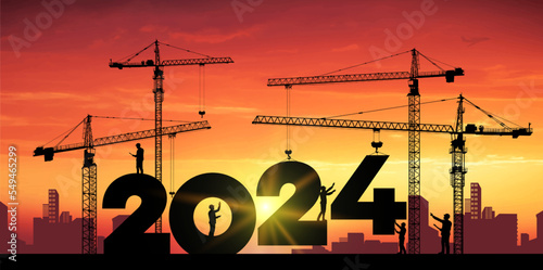 Black silhouette staff works as a to prepare to welcome the new year. Large construction site, many construction cranes set numbers 2024. Construction team sets numbers for New Year 2024. Vector.