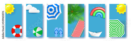 Summer vacation banners set.  Beach holiday. Beach umbrella, lifebuoy, ball, sun, clouds, paper ship, sandals and rainbow on vertical banners