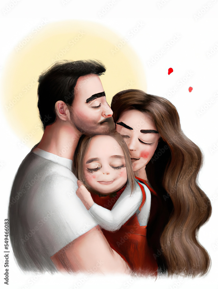 Father holding daughter and mother hugging them both. Illustration Father holding daughter and mother hugging them both. Illustration