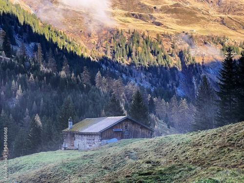 Traditional Swiss architecture and wooden alpine houses in the autumn environment of mountain pastures and mixed forests in the Taminatal river valley, Vättis - Canton of St. Gallen, Switzerland photo