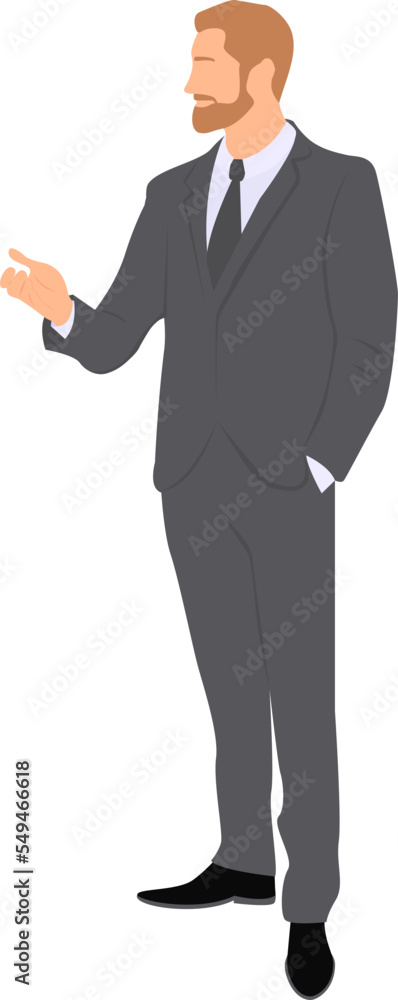 Man with the beard wearing in business suit standing with raised arm. Character design. Transparent background. Flat vector illustration. Man with the beard wearing in business suit standing with raised arm. Character design. Transparent background. Flat vector illustration.