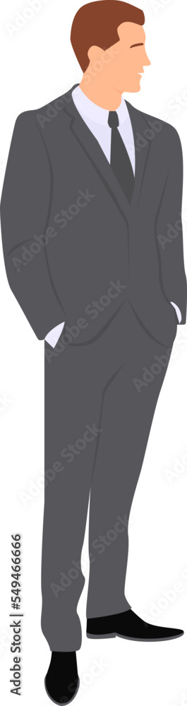 Dark haired man wearing in business suit standing with his hands in his pants pockets. Profile. Transparent background. Flat vector illustration. Dark haired man wearing in business suit standing with his hands in his pants pockets. Profile. Transparent background. Flat vector illustration.