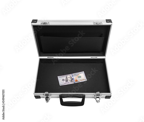 Open suitcase with a hundred dollar bill on a white background.