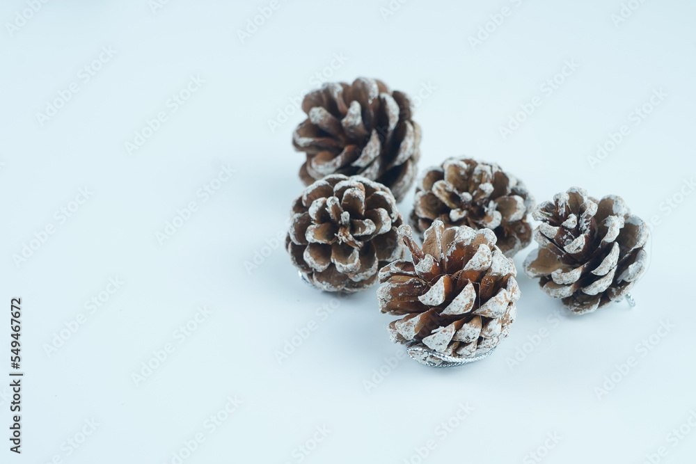 Decorational pine cones covered with artificial snow, isolated Decorational pine cones covered with artificial snow, isolated