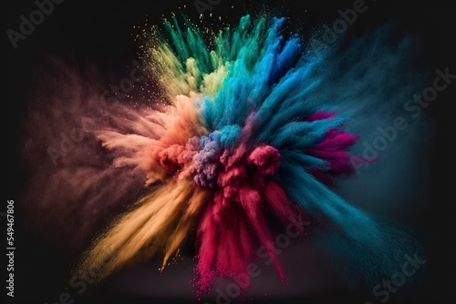 Colored powder explosion. Abstract closeup dust on backdrop. Colorful explode. Paint holi