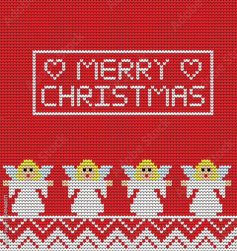 Knitting Merry Christmas angel on Red background Digital vector Design For Print border sweater decor