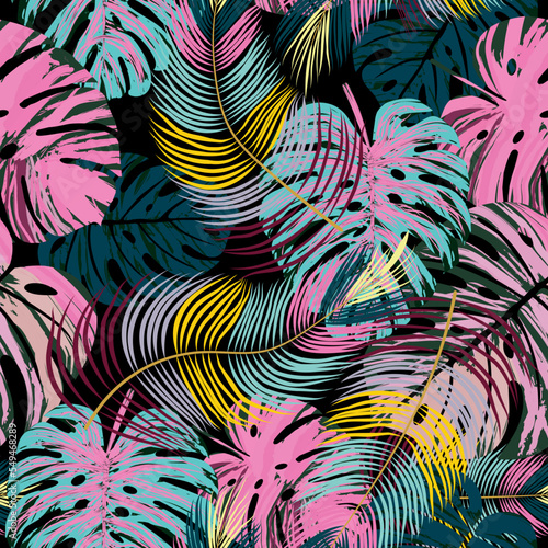 Seamless pattern with monstera leaves. Decorative image of tropical foliage.