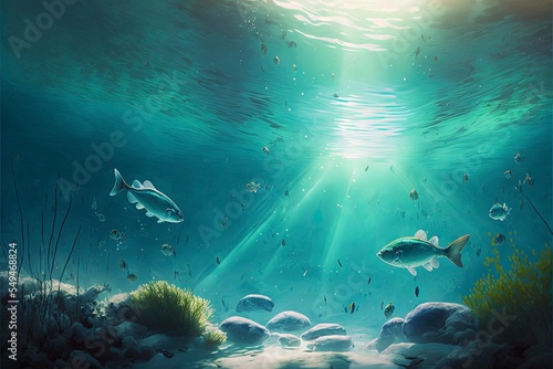 waters of a lagoon, light rays shining down, white foam on the water, fish swimming below.