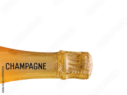 Close up view of the neck of an unopened bottle of champagne  with the word champagne printed on gold foil. Isolated on a plain white background. No people. Copy space. photo