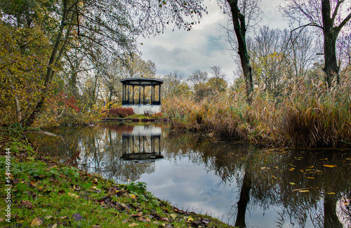 Obraz na płótnie Vondelpark autumn trees and water background w salonie