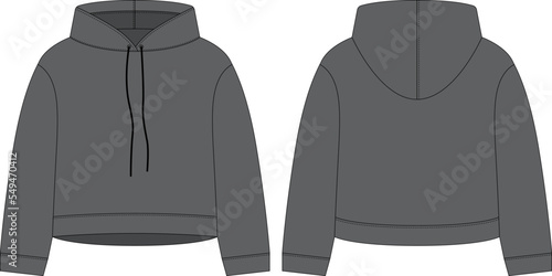 Women crop hoodie technical sketch. Dark grey color. CAD mockup template hoody.