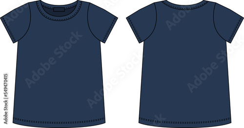 Blank t shirt technical sketch. Dark blue color. Female T-shirt outline design template.