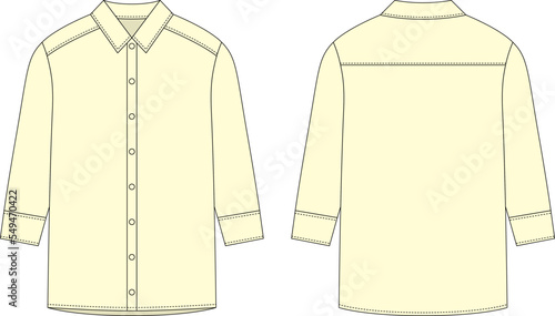 Oversized shirt with long sleeves and buttons technical sketch. Milk color. Unisex casual shirt mock up.
