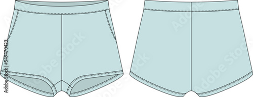 Blank shorts pants technical sketch design template. Light blue color. Casual shorts with pockets.