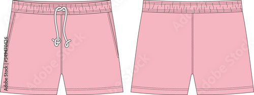 Blank shorts pants technical sketch design template. Peach pink color. Casual shorts with pockets and lace.