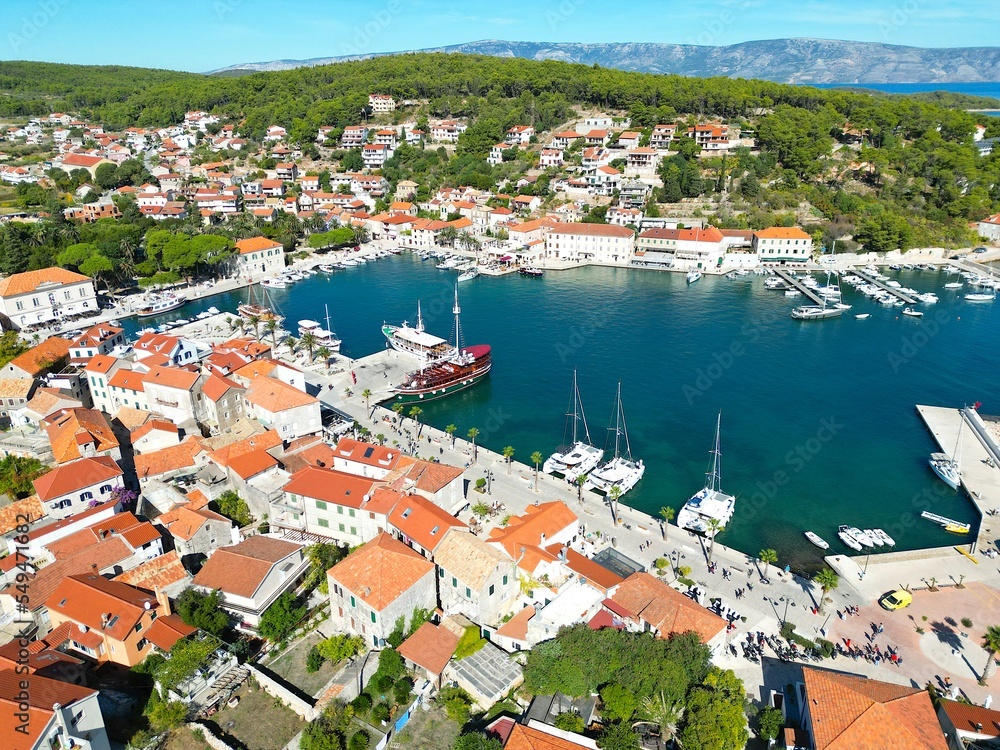 Jelsa Croatia town and harbour waterfront Hvar drone aerial view