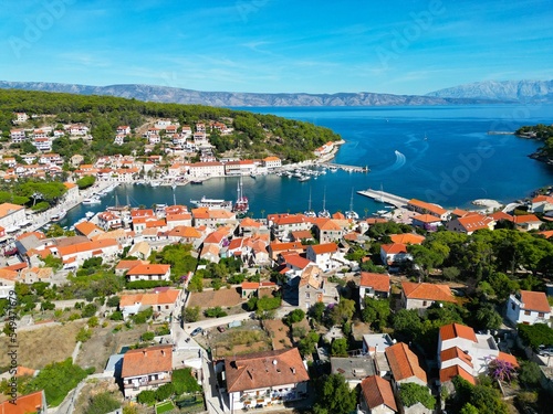 Fototapeta Naklejka Na Ścianę i Meble -  Jelsa Croatia town on Hvar drone aerial view