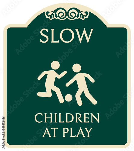 Decorative playground rules and safety sign slow down,  children at play