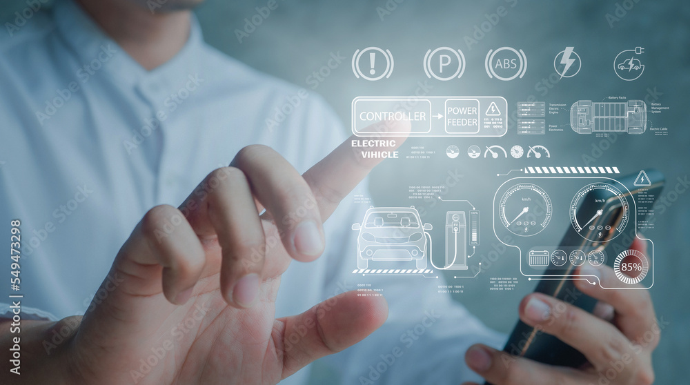 Obraz premium Electric car virtual reality concept with AI(Artificial Intelligence) concept.autonomous car with driverless.dashboard for autonomous control system Electric car.