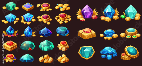 Treasures and riches, crystals, diamonds. A set of game design elements shiny blue crystals, emeralds and rubies isolated on background. Vector illustration