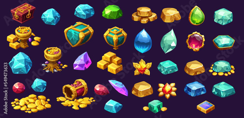 Treasure icons with piles of gold coins and gemstones. Treasures and Riches A set of game design elements isolated on a blue background. Vector illustration
