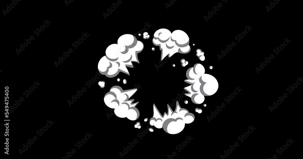 Smoke Animation Set in Hand-Drawn cartoon style on Transparent Background. 4K Stock footage Video. 2d Cartoon explosion. Black and White Animated Stickers with Alpha Channel.