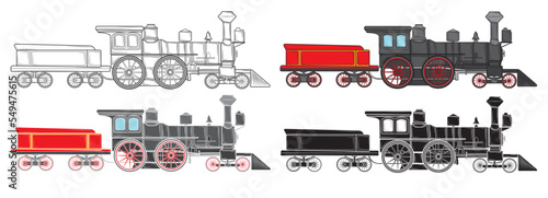 Set of Old steam locomotive in isolate on white background, vector illustration