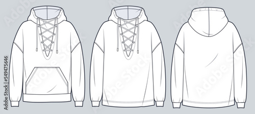 Unisex Lace-up Hoodie technical fashion illustration. Oversize Sweatshirt fashion flat technical drawing template, long sleeve, pocket, front and back view, white, women, men, unisex cad mockup set.