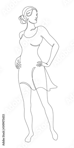 Silhouette of a woman in a modern continuous line style. The girl is slim and beautiful. Lady suitable for aesthetic decor, posters, stickers, logo. Vector illustration.