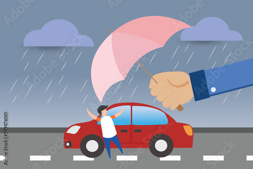 Vector insurance concept accident red car and hand holding umbrella from rain strom at road , insurance company use banner if insurance indetail accident car insure online sale shooping illustration.