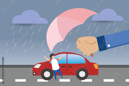 Vector insurance concept accident red car and hand holding umbrella from rain strom at road , insurance company use banner if insurance indetail accident car insure online sale shooping illustration. photo