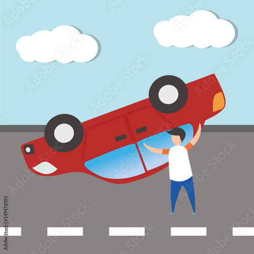 Vector of insurance concept accident red car have fall overturned at road, insurance company can use it for banner if insurance indetail accident car insure online sale shooping business illustration.