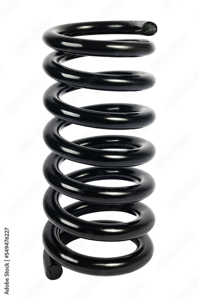 Black shock absorber spring for car on a white background.