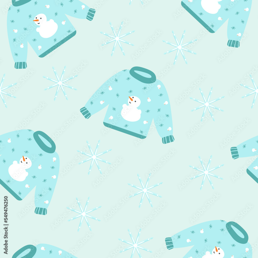 Seamless winter pattern with a sweater and snowflakes on a blue background. Vector