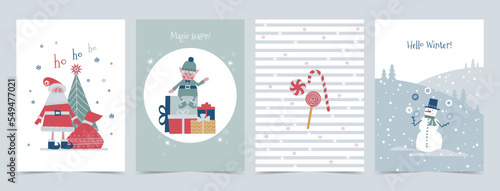 Set of greeting cards, holiday covers for winter holidays with children's plot. Santa with a bag and a Christmas tree, a cute elf with gifts, a snowman in a winter landscape, holiday candies. Vertical