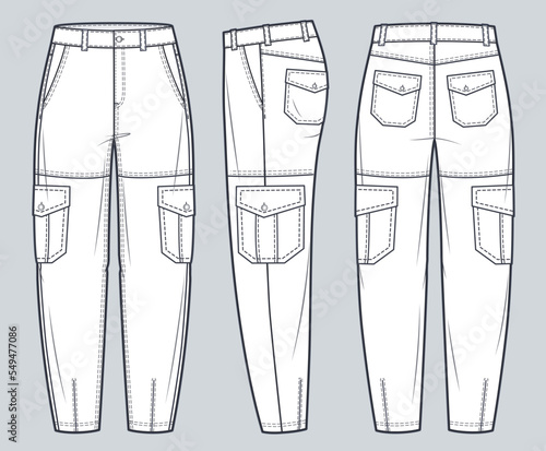 Cargo Jeans Pants technical fashion Illustration. Jeans Pants fashion flat technical drawing template, pockets, front, side and back view, white, women, men, unisex CAD mockup.