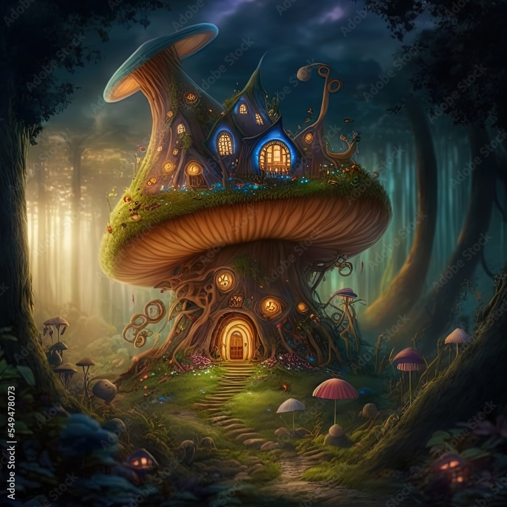 Fototapeta premium Fairytale house where gnomes, goblins, fairies, elves and other magical creatures live. 